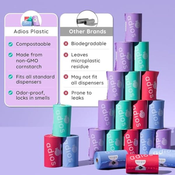 Adios - Compostable Dog Poop Bags, 360 Count (24 Rolls) - Rainbow Colours - Extra Thick, Leakproof, Odour Proof Dog Waste Bags - Made from Compostable Cornstarch - Easy Tear Rolls, Packaging May Vary
