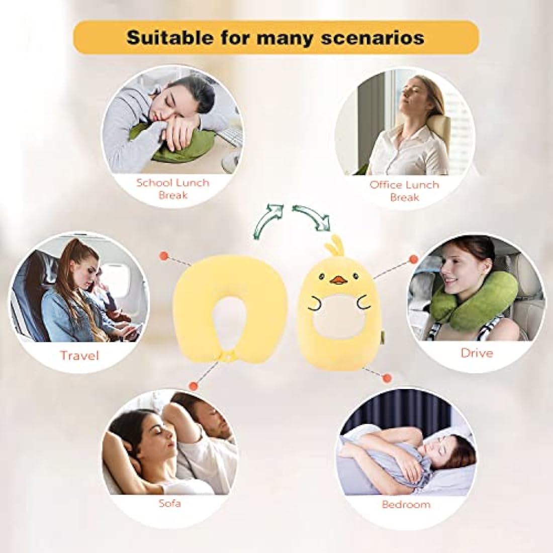 JOYRAVO Kids Travel Pillow - 2-in-1 Deformable Neck Pillow, Soft U-Shaped Pillow with Cute Plush Animals Comfy Sleep and Play Companion for Airplanes, Cars, and Travel - Yellow Duck