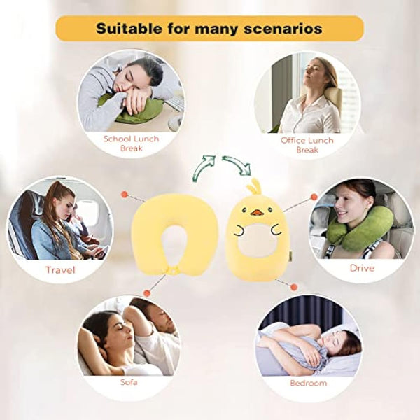 JOYRAVO Kids Travel Pillow - 2-in-1 Deformable Neck Pillow, Soft U-Shaped Pillow with Cute Plush Animals Comfy Sleep and Play Companion for Airplanes, Cars, and Travel - Yellow Duck
