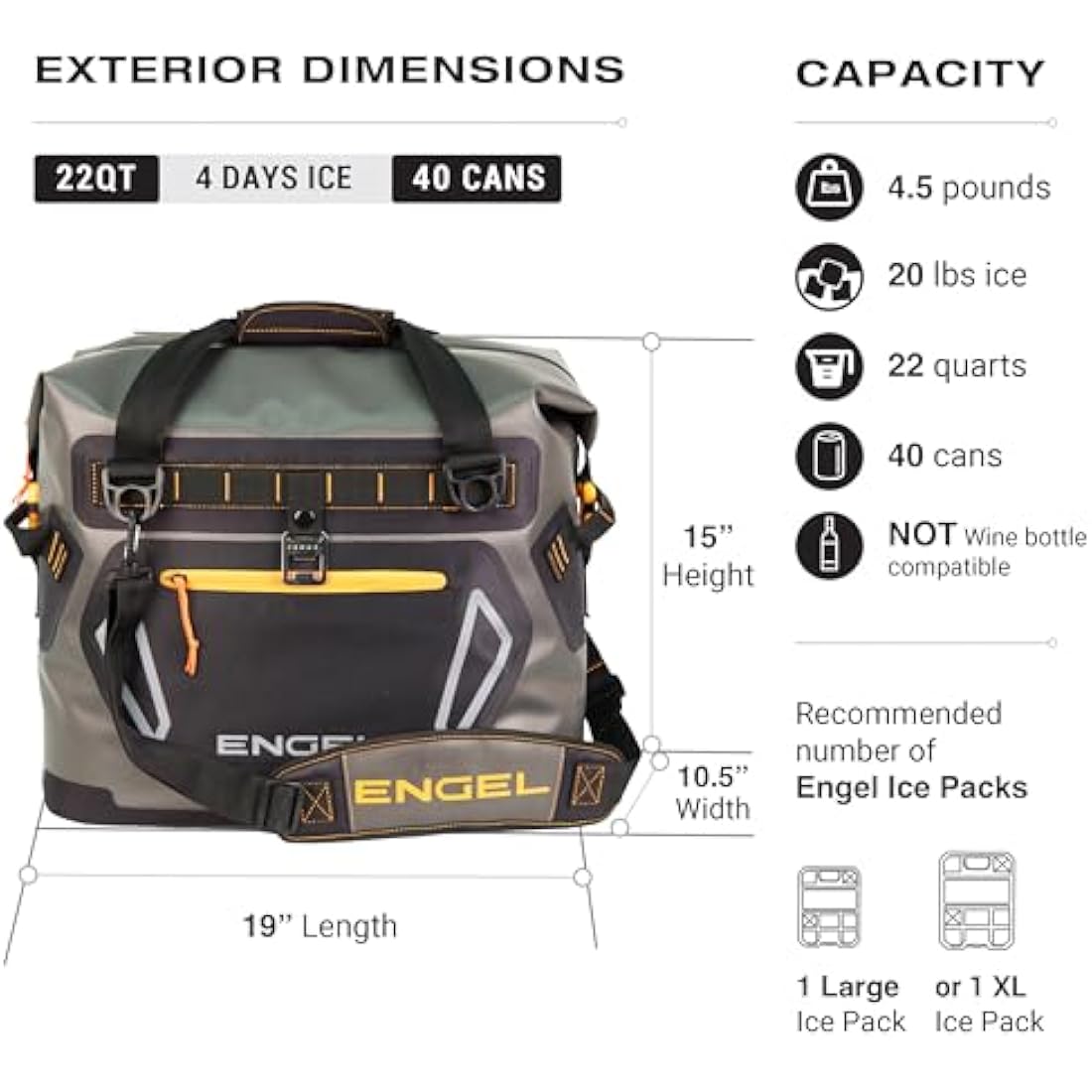 ENGEL HD20 20.8 L Cool Bag Large Enough for 40 Cans - Leak-Proof, Portable, Insulated Lunch Cool Bag for Camping, Picnic, Fishing, Tailgating & Outdoor Activities - Travel Ice Cooler Soft Box