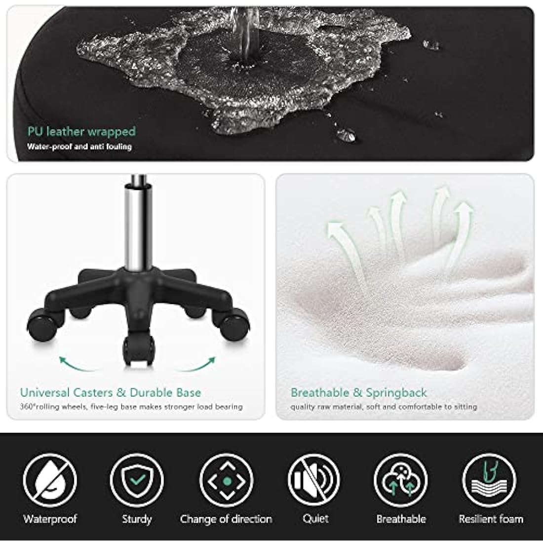 FURWOO Round Rolling Stool with Wheels Height Adjustable Spa Stool for Salon Massage Home Kitchen Black