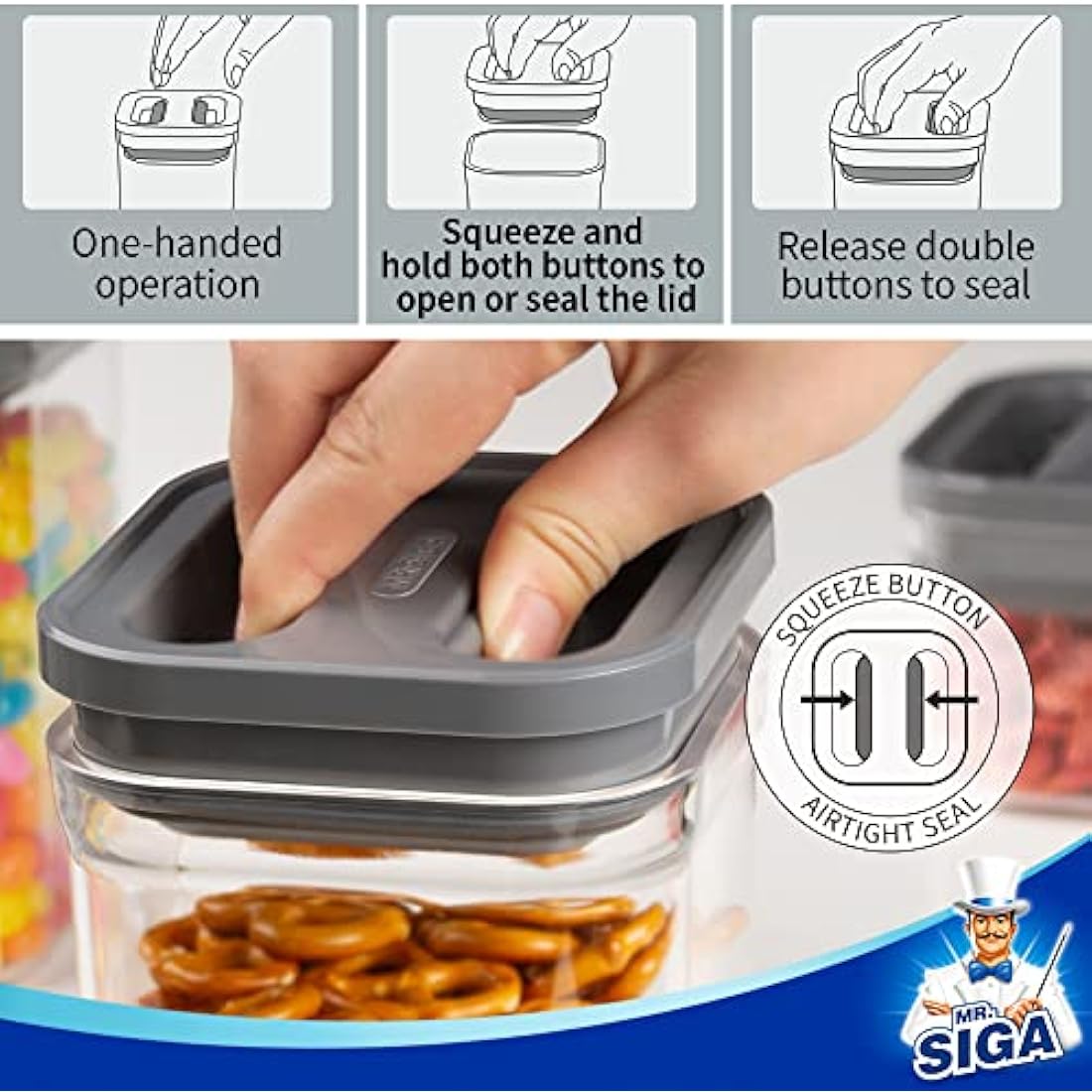 MR.SIGA 4 Pack Airtight Food Storage Container Set, BPA Free Kitchen Pantry Organization Canisters with One-handed Leak Proof Lids, 1L / 33.8oz, Medium, Gray