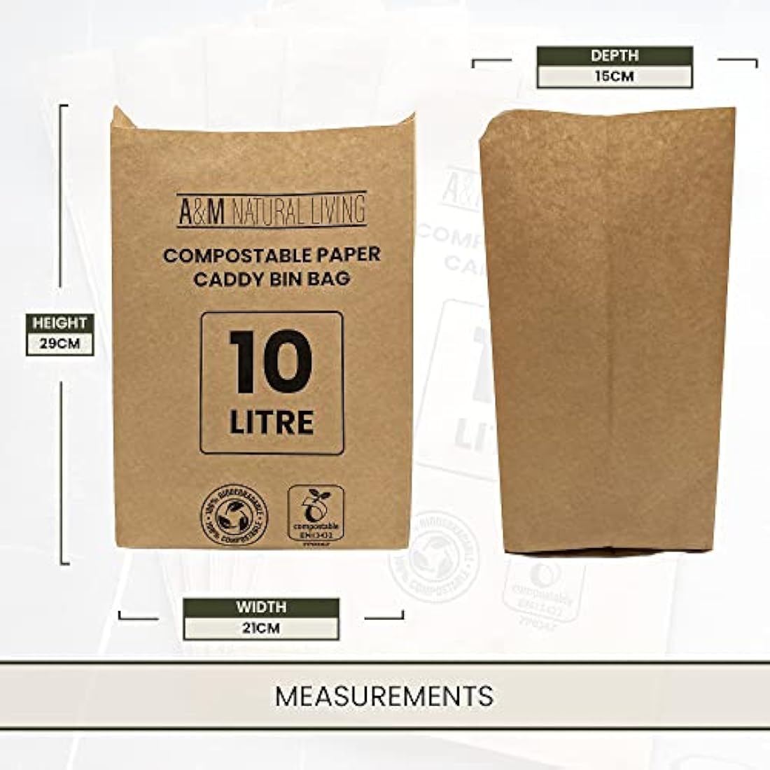 A&M Natural Living 150 x 10 Litre Paper Food Waste Caddy Bin Liners Bags, 100% Compostable And Biodegradable Sustainable Brown Paper Sack Pack, EN13432 Certified (150 Bin Bags)