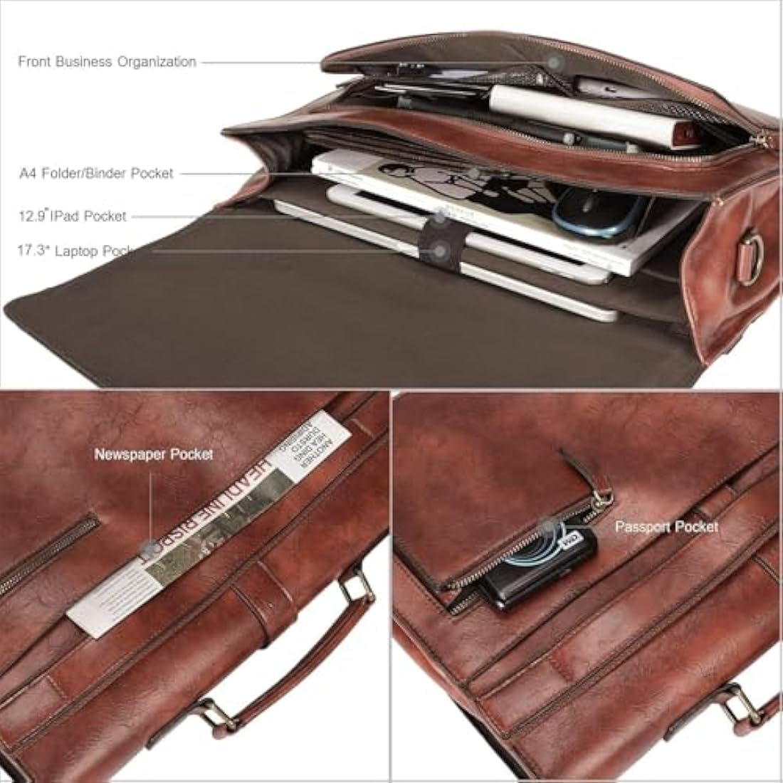 Estarer Leather Laptop Bag 17-17.3 Inch Mens Large Satchel Briefcase Shoulder Bag for Work Business Travel Brown