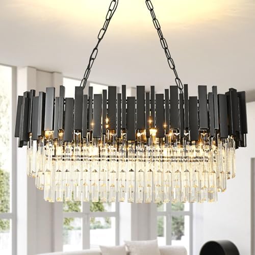 AOOCHOK Modern Crystal Chandelier Black Pendant Light Fixtures, Oval Crystal Pendant Lighting for Living Room, Dining Room, Bedroom, Restaurant, E14 x 8, 80 x 35 cm