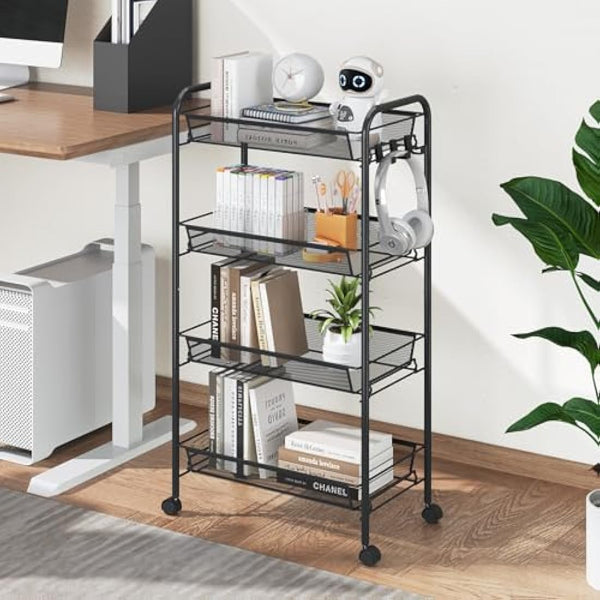 APEXCHASER 4-Tier Rolling Cart,Easy Assemble Mobile Storage Trolley On Wheels,Slide Out Utility Cart Shelving Units Kitchen Bathroom Laundry Room,Black