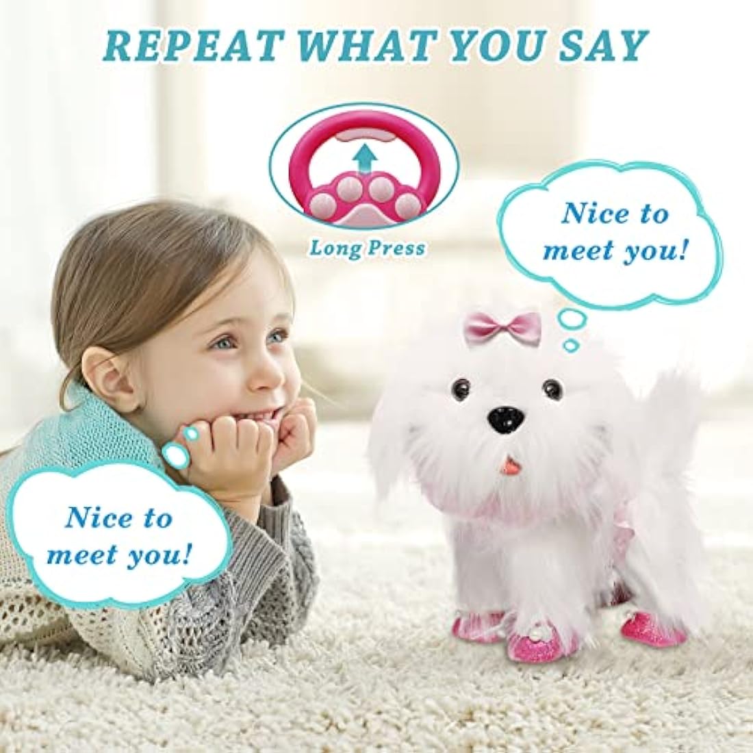 Jaydear Electronic Dog Toy for Kids, Plush Puppy Interactive Toy -Walks/Barks/Shake Tail/Talk, Stuffed Animals Cute Dog Toys Soft Gift for Christmas, Easter, Birthday, White