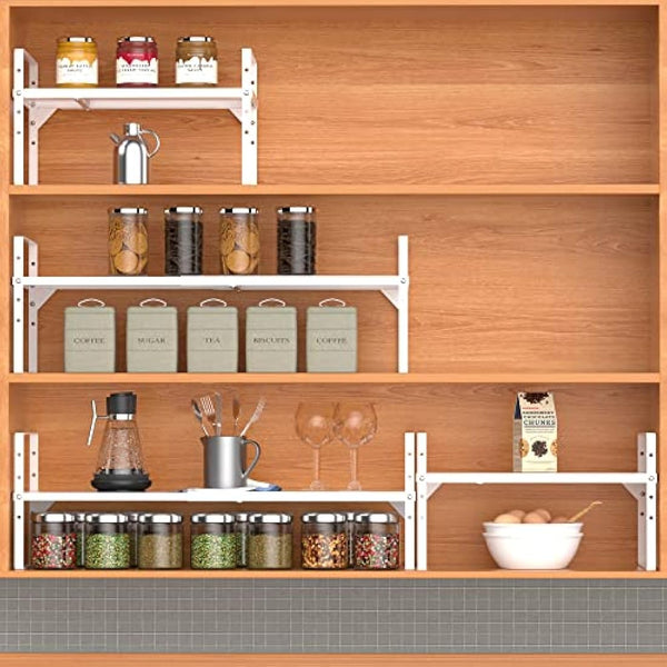 iPEGTOP 2 Pack Expandable Cabinet Storage Shelf Organizer Rack, Heavy Duty Steel Metal Spice Rack Adjustable Height Home Office Pantry Shelf Space for Counter Kitchen Organization, White, Medium