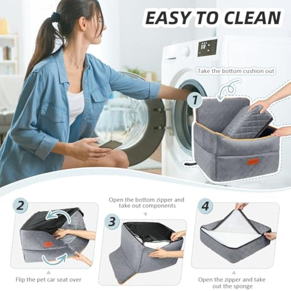HEGGCOOE Small Dog Car Seat, Memory Foam Dog Booster Seats with Thick Cushion for Medium Dogs Under 35lbs, Detachable Washable Pet Car Seat with Storage Pockets,2 Safety Belts