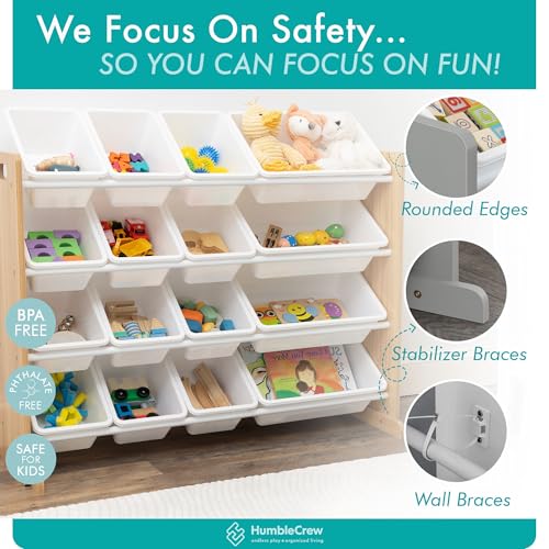 Humble Crew Journey Extra-Large Wooden Toy Storage Organiser for Children, with 16 BPA Free Plastic Removeable Storage Bins, Ideal for Storing Toys,