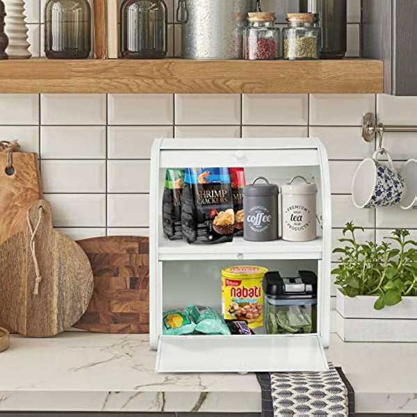 Hossejoy Metal Bread Box, Double Compartment Roll Top Countertop Bread Storage, Bread Bin Container Holder, Double Layer Breadbox Holds for your Kitchen Counter（White）