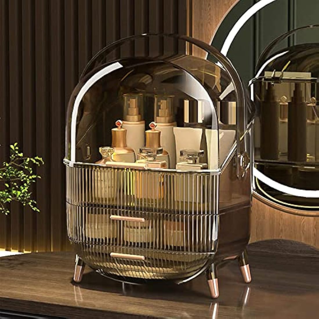 Kousee Makeup Organiser, Skincare Organiser Cosmetic Display Case with Dust Free Cover Portable Handle, Waterproof Makeup Box for Vanity Countertop Bathroom Dresser-Retro Grey