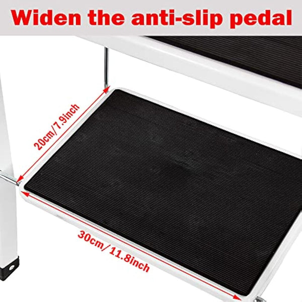 2 Step Ladder Portable Folding 2 Step Stool Heavy Duty Steel Ladder with Hand Rail and Anti-Slip Wide Pedal, Lightweight Stepladder for Home and Kitchen Use, 330lbs Capacity