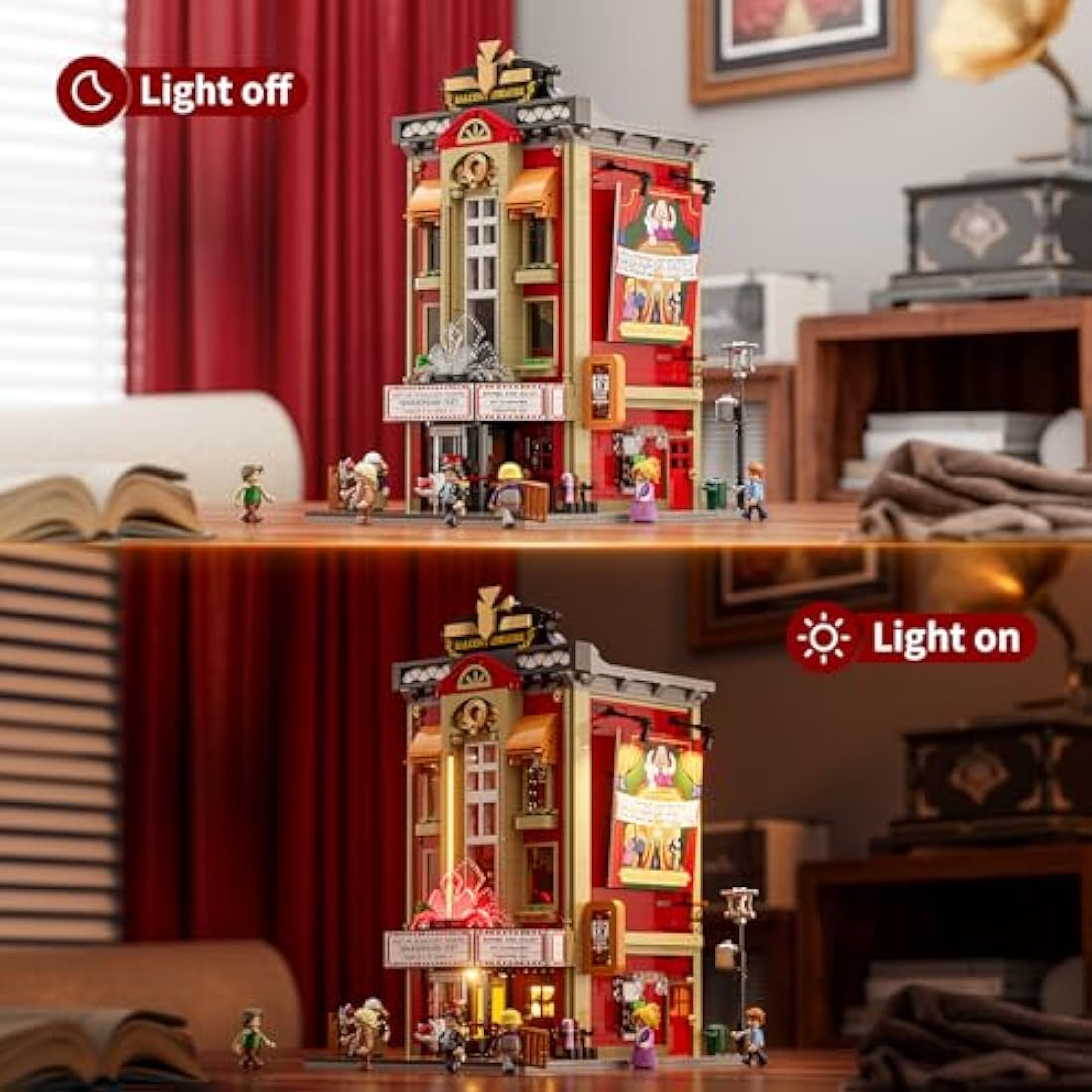 FUNWHOLE Balcony Theatre Lighting Building Bricks Set - City Town Creator House LED Light Multi-Form Modular Collectible Display Kit 2445 Pcs for for Adults and Teen