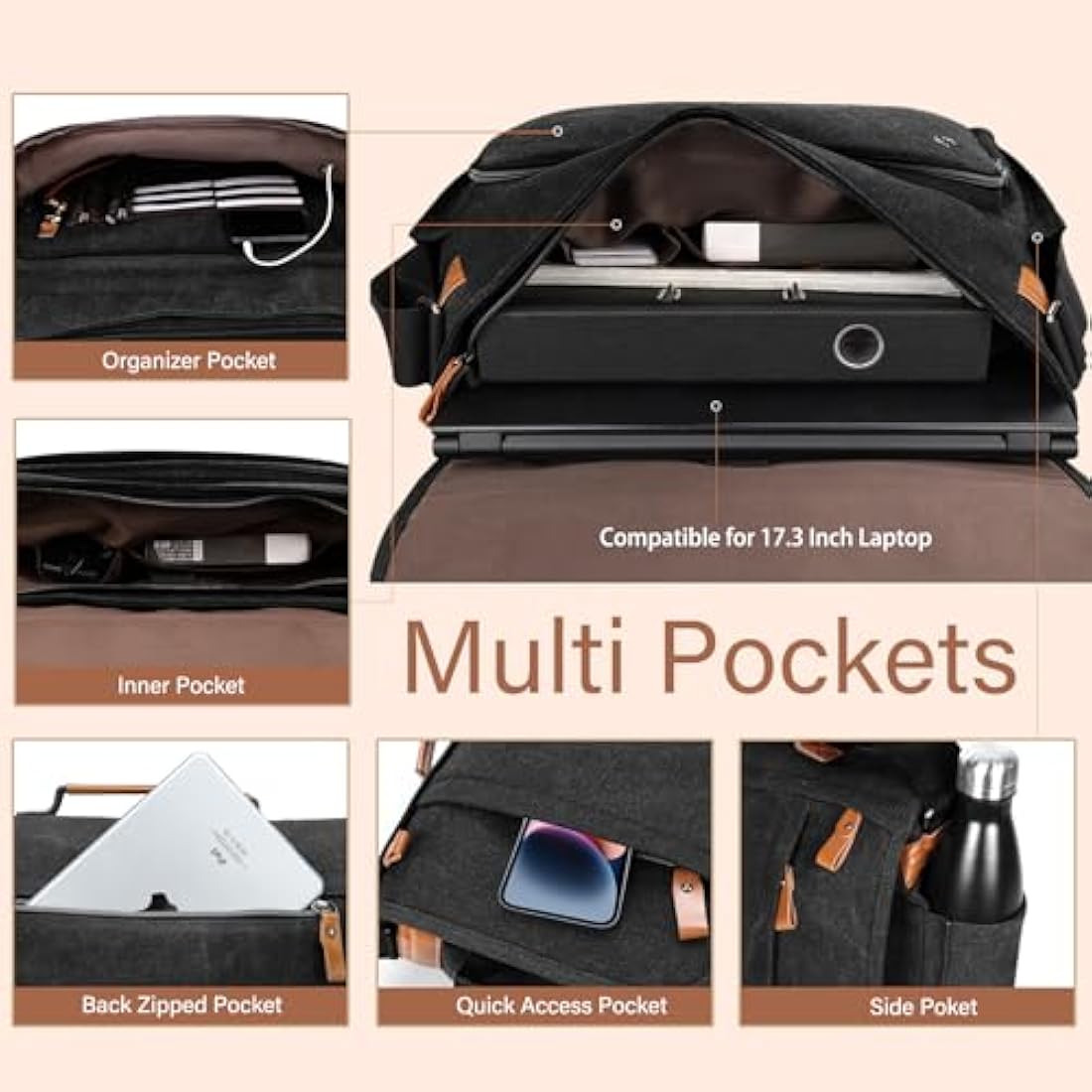 Estarer Laptop Messenger Bag 17.3 Inch Mens Large Satchel Shoulder Bag with Pencil Case for Work School(Dark Grey)