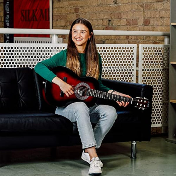 3rd Avenue 3/4 Size Kids Classical Guitar Spanish Nylon String Beginner Pack Bundle - 6 Months FREE Lessons, Bag, Strings – Red