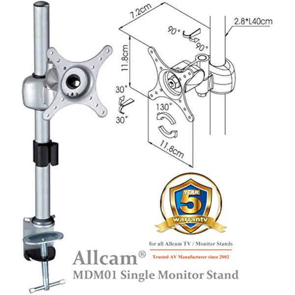 Allcam MDM01 Single Monitor Arm Stand w/Desk Clamp Mount, for 17"-27" LCD/LED Screens in Silver