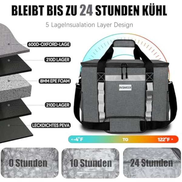INSMEER 48L Large Cool Bag with Easy Top Access Opening, 65 Cans Foldable Cooler Bag, XXL Waterproof Cool Bag, Insulated Bag for Camping, Picnic, Beach, Hiking, Family Outdoor Activities, Festival