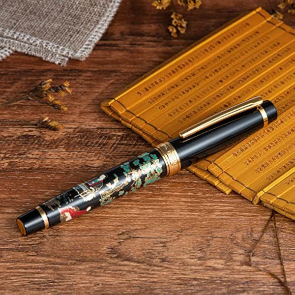 Hongdian 231 Chinese Classical Fountain Pen, Iridum Fine Gold Nib with Chinese Painting Design, Smooth Writing Pen with Ink Converter and Metal Pen Box Set