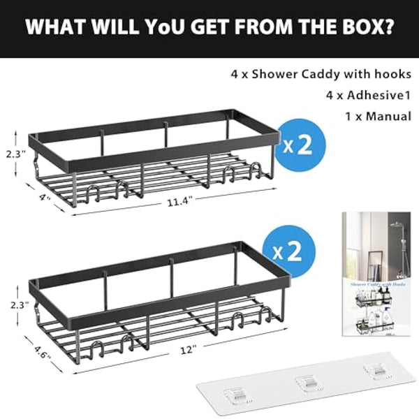DIFULI Shower Caddy Shelf Organiser 4 Pack, No Drill Black Shower Shelves,Self Adhesive Bathroom Caddy,Shower Storage Accessories, Wall Mounted Shampoo Holder