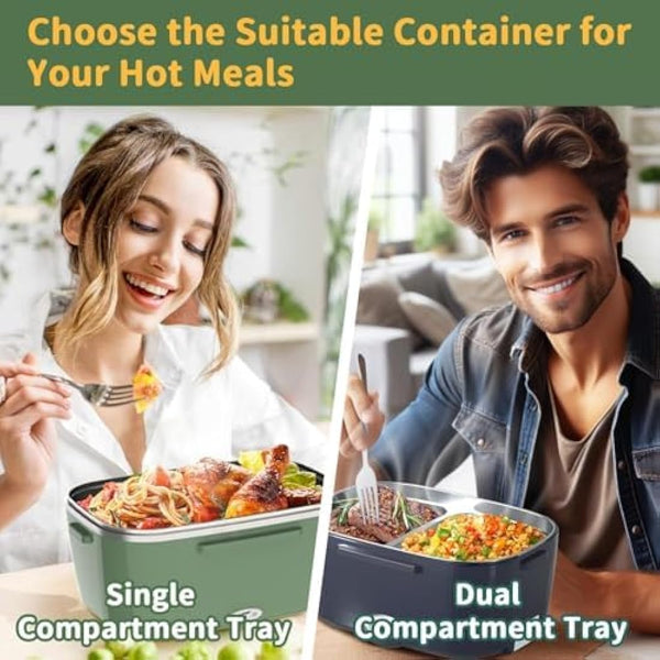 Electric Heated Lunch Box 100W - 3-in-1 Fast Heating Lunch Boxes Portable for Adults, 12V/24V/220V with 2 Pack Containers (Single & Compartment) for Car Truck Office (3 Times Faster), GreenGrey