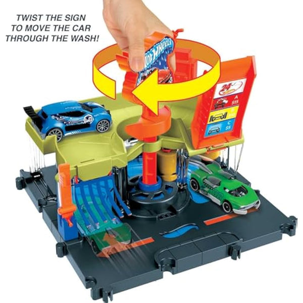Hot Wheels City Toy Track Set, Downtown Express Car Wash Playset with 1:64 Scale Vehicle, Foam Roller & Drying Flaps, HDR27