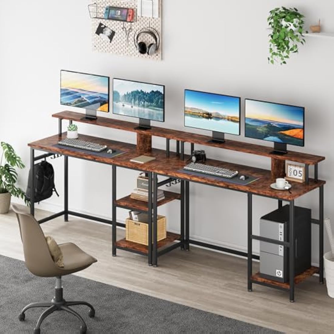 Dripex Computer Desk Home Office Desk with Monitor Stand & Storage Shelves Rustic Brown Work Writing Desk Gaming Table for Small Spaces (L107.5x W48x H95cm)