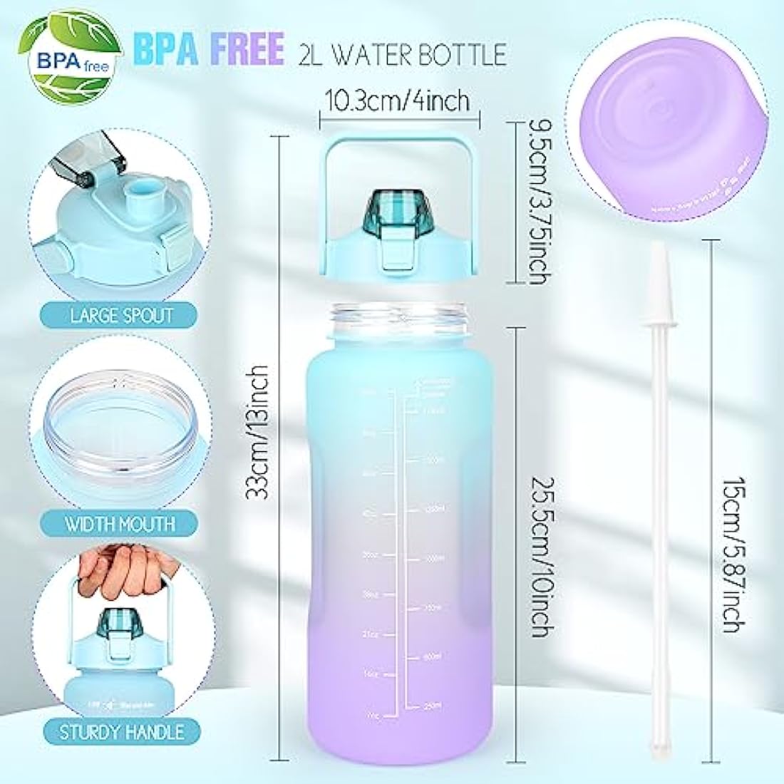 Water Bottle 2L BPA Free Sport Drinks Jug with Time Marking & Lock Cover, Leak Proof 2 Liters Water Bottle with Portable Handle, Green Water Canteen Bottle