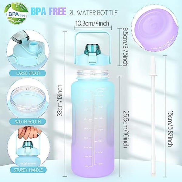 Water Bottle 2L BPA Free Sport Drinks Jug with Time Marking & Lock Cover, Leak Proof 2 Liters Water Bottle with Portable Handle, Green Water Canteen Bottle