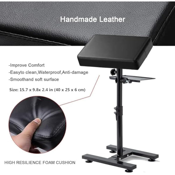 ANDNICE Tattoo Armrest Stand Legrest Bracket H-base Adjustable Height Tilt Black Leather Pad with Tattoo Supplies Storage Board Professional Heavy Duty Iron Equipmen for Tattoo Studio