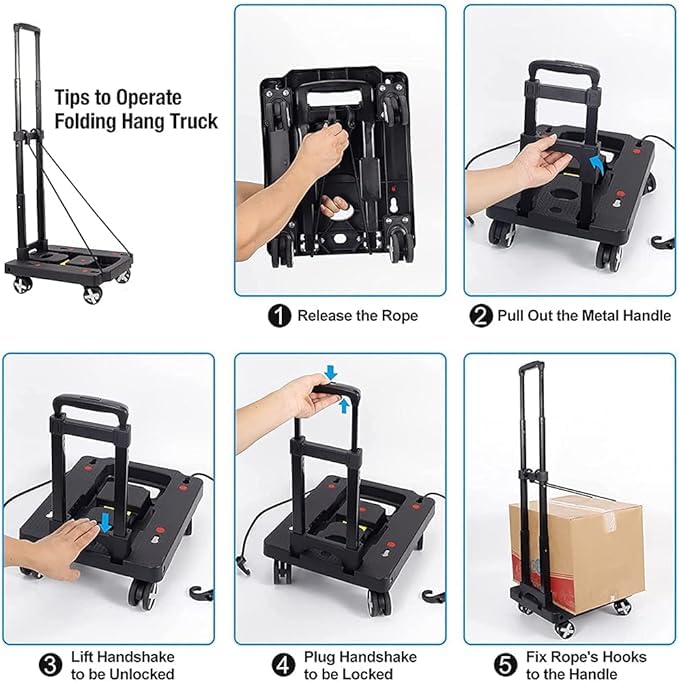 XINGHE Sack barrow, aluminium hand truck, 50 kg/110 lb load capacity, integrated tensioning straps, with retractable handle, large smooth-running wheels with soft tread (Black4)