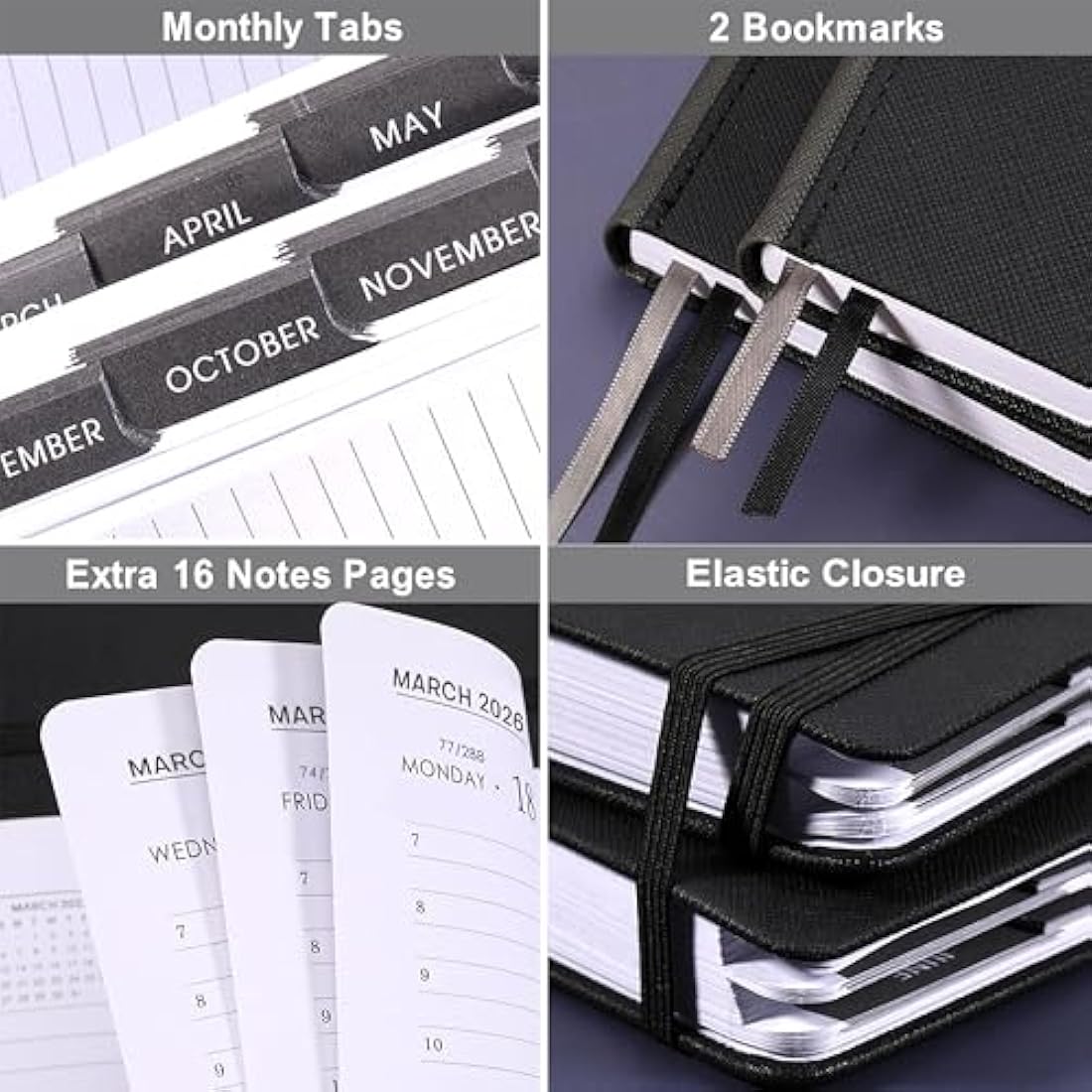 Acadmeic Diary 2025-2026 - Diary 2025-2026 Page a Day with Monthly Tabs, A5 Daily planner, From July 2025 to June 2026, Faux Leather Cover, Black