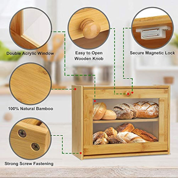 Double Layer Bamboo Bread Box with Clear Window, Large Capacity Bread Storage Bin- Kitchen Countertop Storage Box for Bread, Pastries & Baked Goods - Easy Self-Assembly Organizer