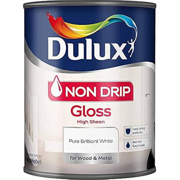Dulux Non Drip Gloss High Sheen Paint For Wood And Metal - Pure Brilliant White 1.2 5 Litres