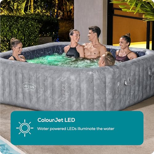 Lay-Z-Spa Santorini Pro Built in LED Light, 10 HydroJet System, Integrated Seats and Foot Massager Inflatable Hot Tub with Freeze Shield Technology, 5-7 Person, Grey