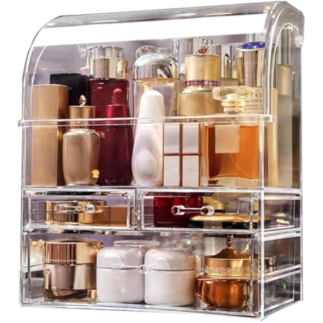 Suyoo Makeup Organiser Storage, X-Large Acrylic Clear Cosmetics Storage Display Case with Drawers, Perfume Makeup Organiser Box with Waterproof Cover for Counter, Bathroom, Dresser(Clear-XL)