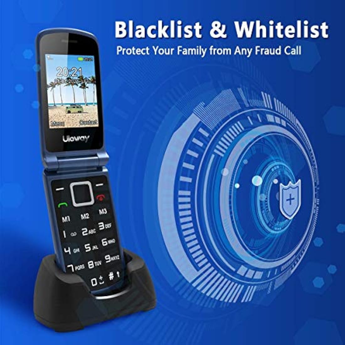 Uleway Big Button Mobile Phone for Elderly, Sim Free Unlocked Senior Flip Phones, Easy to Use Basic Cell Phone with 2.4" LCD Display, SOS Button, Torch, FM Radio, 1000mAh Battery, Charging Dock (Blue)