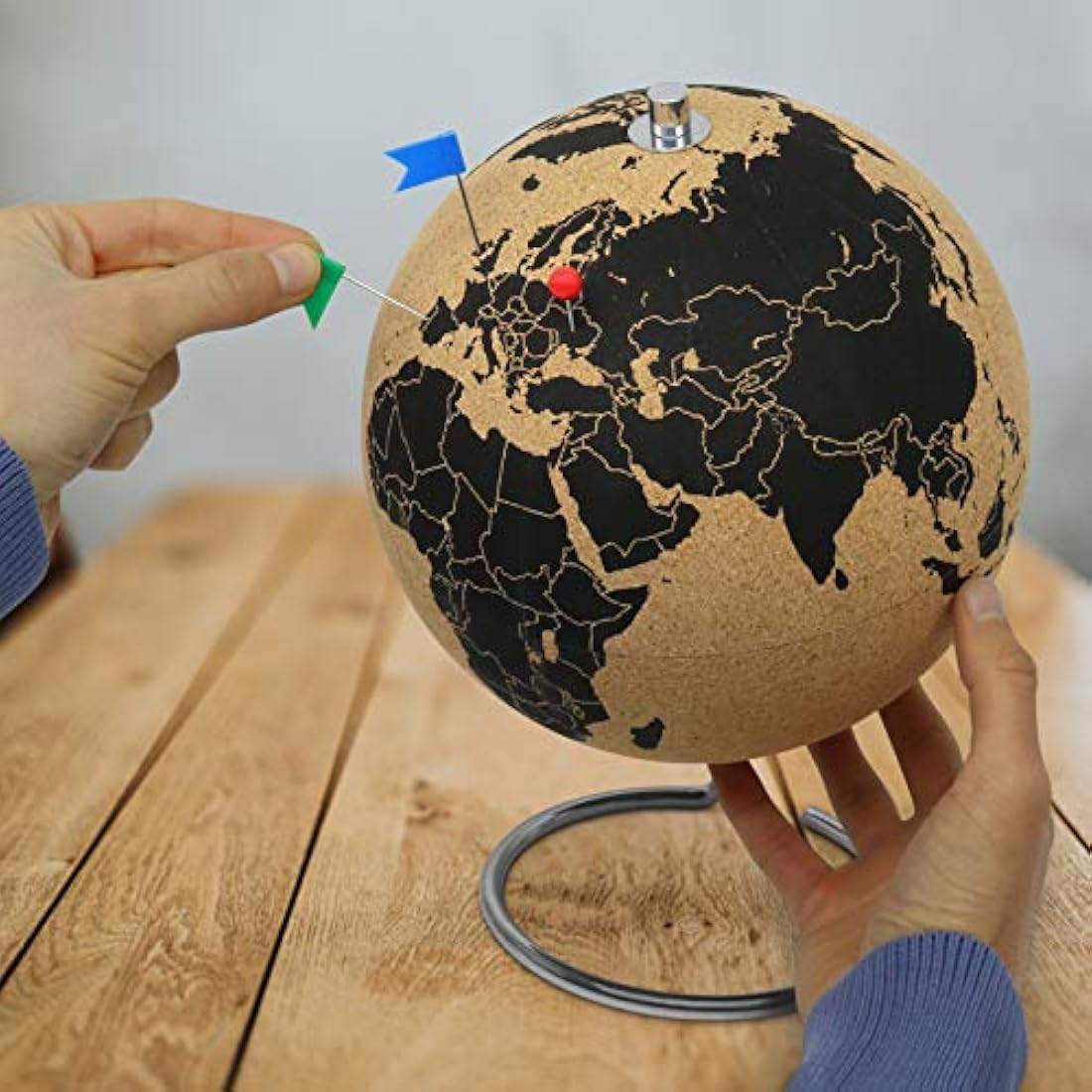 Clear cork globe with 54 different pins - spinning globe 26cm high made of cork - globe as a gift idea for globetrotters
