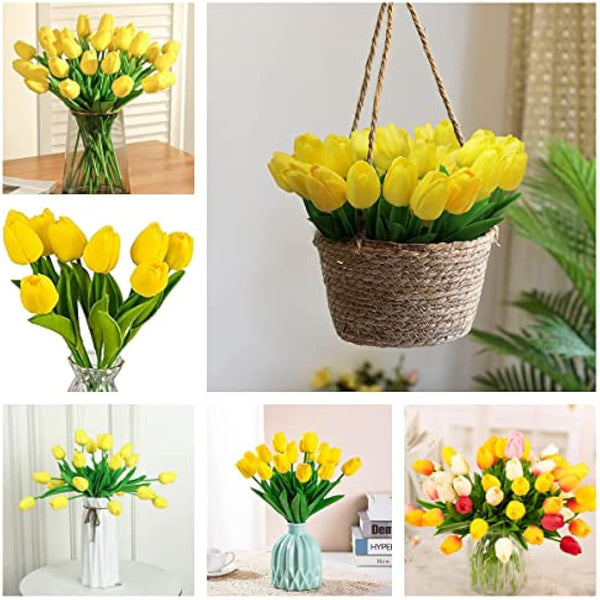 Siganorpy 10 Pcs Artificial Tulips Flowers Fake Flowers Latex Tulips Real Touch for Party Home Wedding Decoration Room Wedding Home Decor (Yellow)