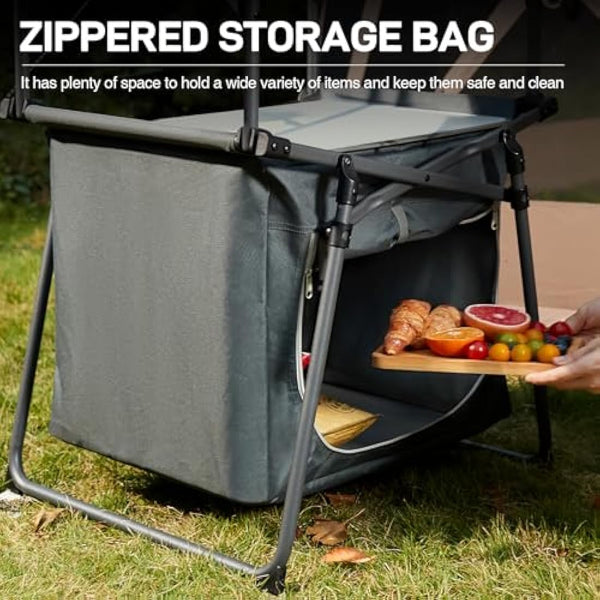 EVER ADVANCED Camping Kitchen Unit with Storage, Folding Outdoor Kitchen Table with Windscreen, Foldable BBQ Table for Camping Storage Picnic Dining Party, Includes Carry Bag