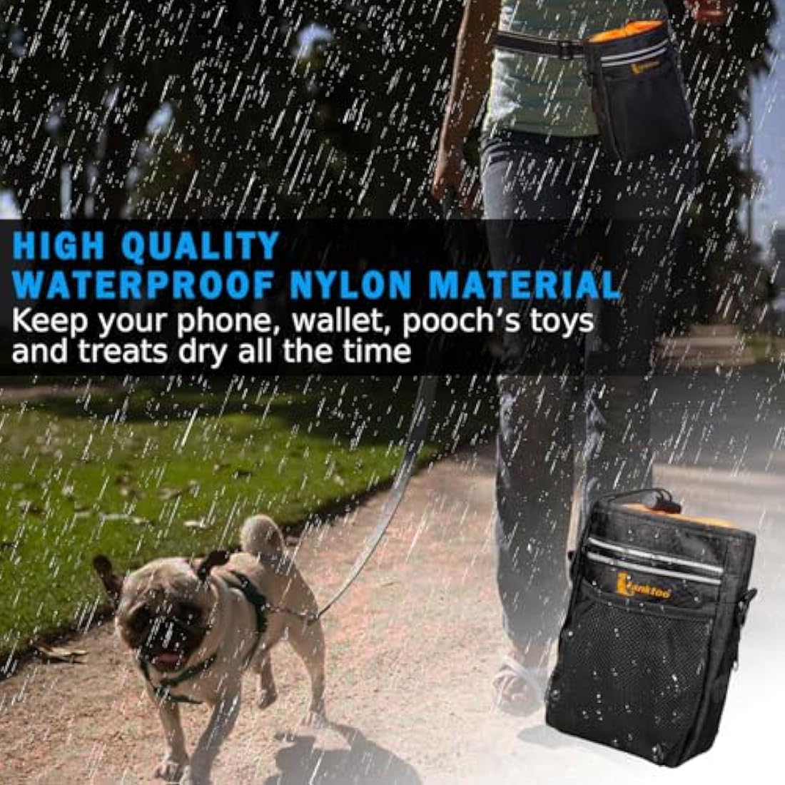 lanktoo Dog Treat Pouch Bag with Poop Bag Holder, Waterproof Puppy Training Walking Bag W/Shoulder Strap, Waist Belt and Clip, Easily Carrying Dog Toys, Food (Black+Orange)