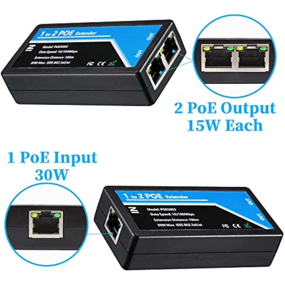 2 Port POE Extender Comply IEEE 802.3af/at Standard 10,100Mbps, POE Repeater 100 meters(328 ft) Extender 1 in 2 Out for POE IP Camera over Cat5/Cat6 or Better UTP Cables (POE5003)