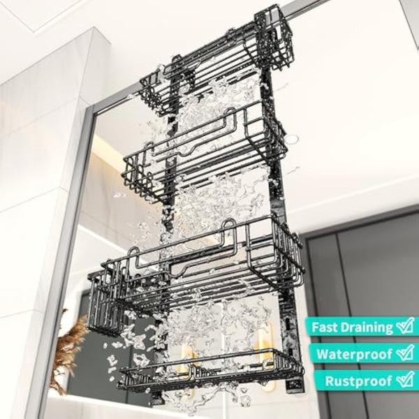 HapiRm Shower Caddy Hanging - 4 Tier Over Door Shower Shelf, Bathroom Storage with 22 Hooks and 2 Toothbrush Holders, No Drilling Adjustable Bathroom Shelf - Black