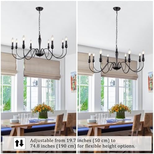 ASHUAQI Black Chandelier, 8-Light Farmhouse Chandeliers Ceiling Light, E14 Socket Pendant Light Fitting Industrial Black Ceiling Lights for Living Room, Kitchen, Hallway, Dining Room, Bedroom