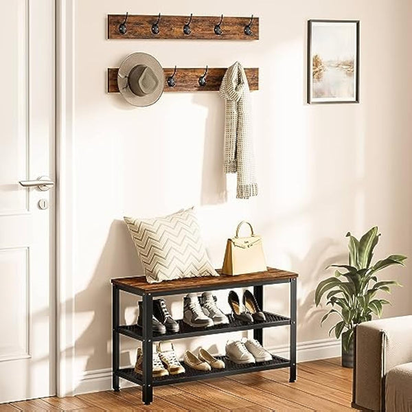 HOOBRO Coat Rack Shoe Bench Set, Hall Tree, Coat Stand Bench Set with 9 Hooks and Shelf, Multifunctional, for Hallway, Bedroom, Living Room, Rustic Brown and Black EBF17MT01