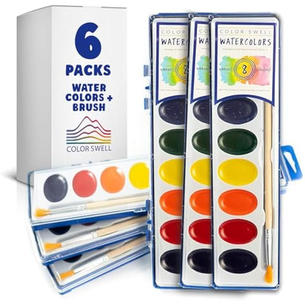 6 Set Watercolour Paint Pack with Wood Brushes 8 Colours Washable Water Colours Perfect for Kids Adults Parties Students Classroom Bulk by Color Swell