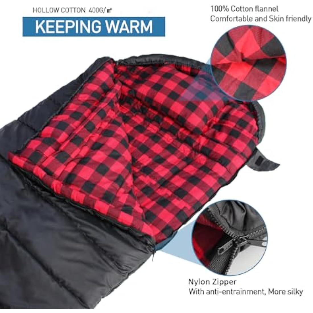Keencamp Sleeping Bag Outdoor Flannel Warm 3-4 Seasons Cotton Inner Lining XXL Blanket Sleeping Bag Portable Lightweight Winter Sleeping Bags Camping for Adults 230 x 90 cm Black