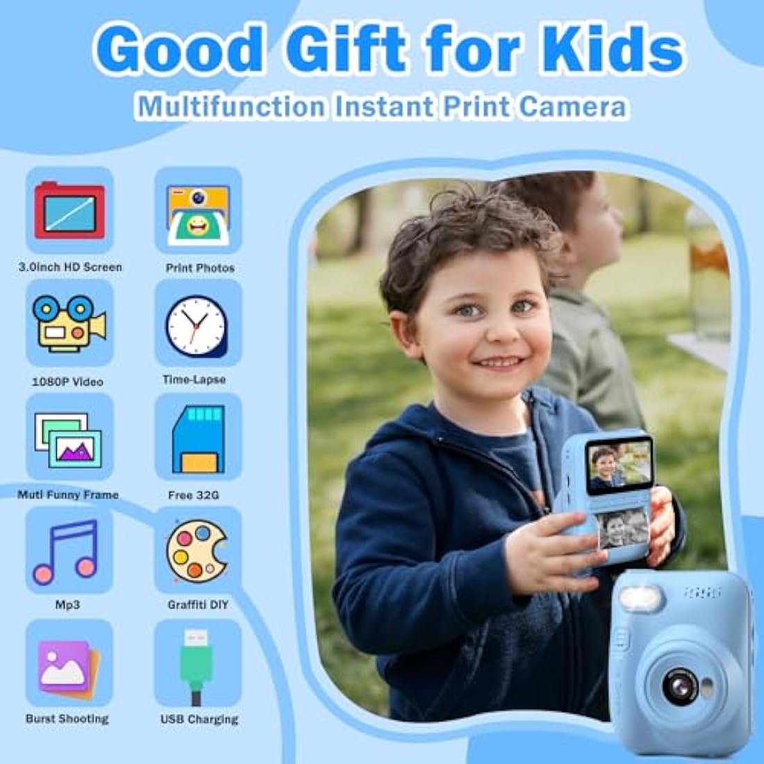 Hangrui Kids Camera Instant Print,3.0'' 1080P Kids Instant Print Camera with 32G Card,3 Rolls Printing Paper and 5 Color Pens, Gift Toy for Girls Boys 3-12 Years Old -Blue