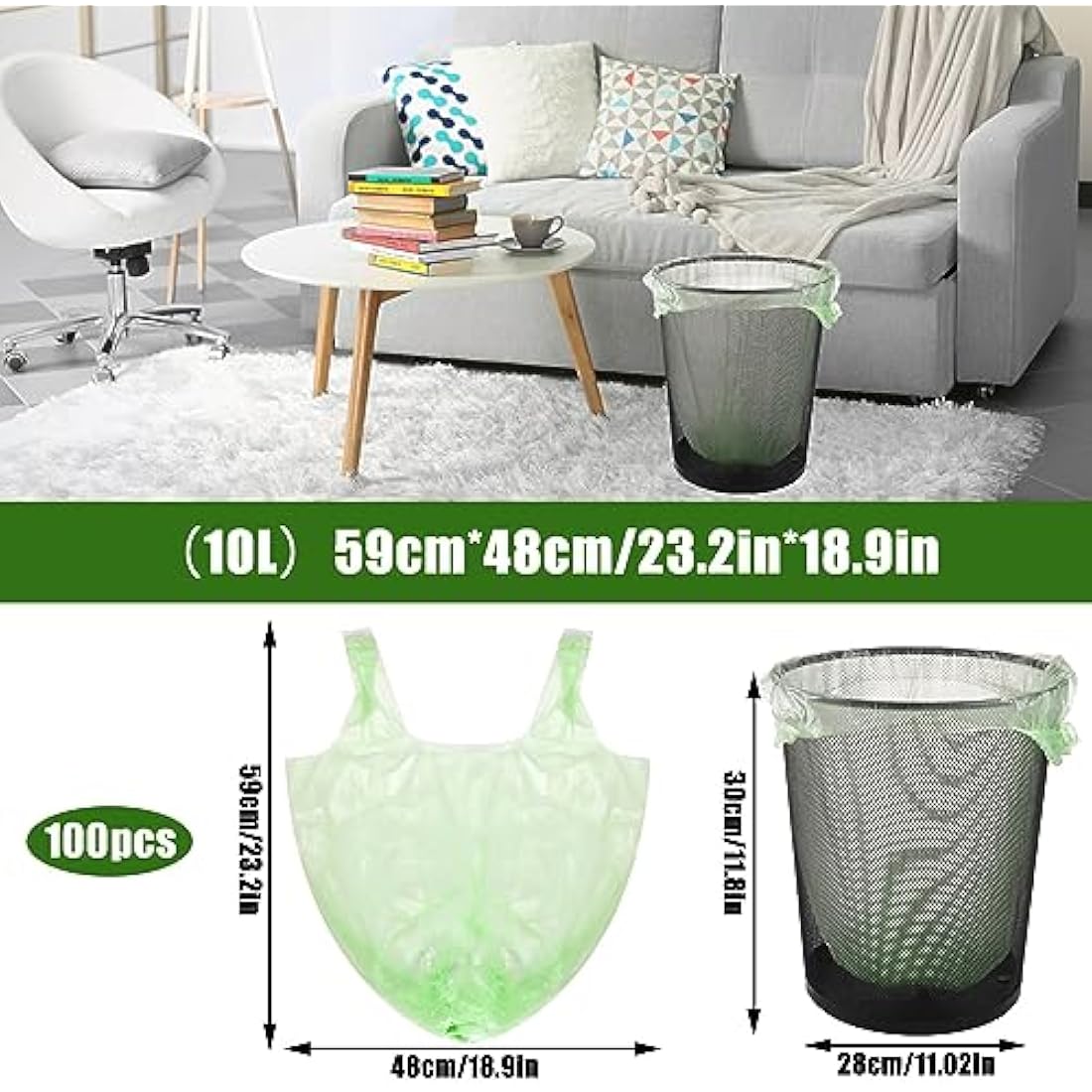 100 x 10 Liter Green Bin Bags, 18.9 * 23.2in Portable Food Waste Bag Small Kitchen Bin Liners Food Caddy Bag with Handle for Office Bathroom Kitchen Garbage