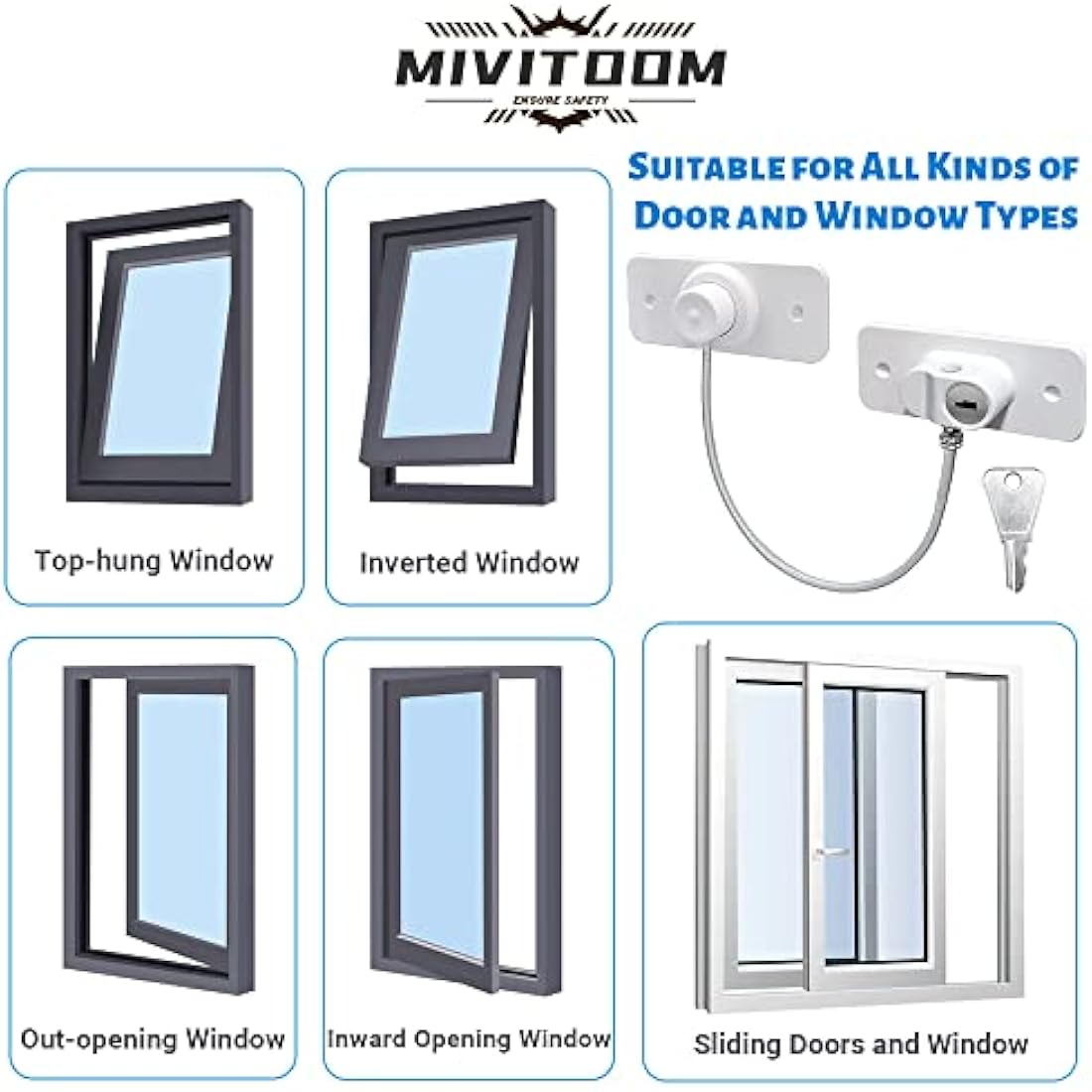 4 Pack Window Restrictors for UPVC Windows, Safety Locks with Key Cable Lock Door Fridge Cupboard for Children,Drillable/Self-Adhesive